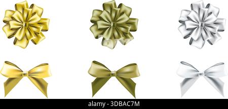Set of beautiful festive New Year`s Christmas decoration, a bow with a ribbon on a white background. Vector illustration. Stock Vector